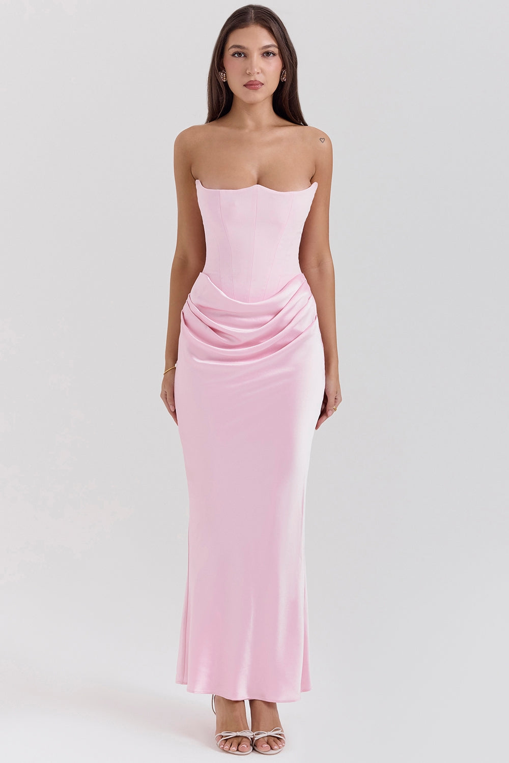 Camille | Women's Strapless Satin Maxi Dress Black Ruched