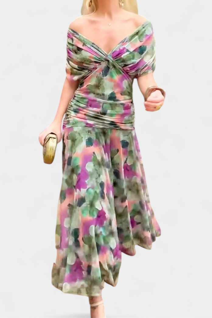 Vera | Women's Off Shoulder Ruched Midi Dress Brown