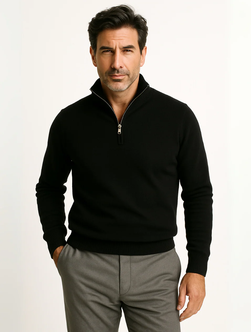 Axel | Men's Quarter Zip Sweater Cream Ribbed Collar