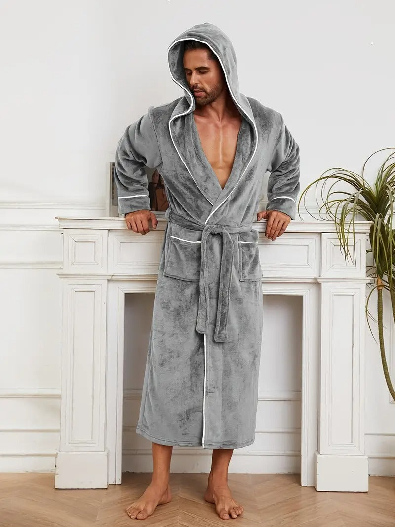 Voss | Men's Hooded Velour Robe Gray Long Sleeve