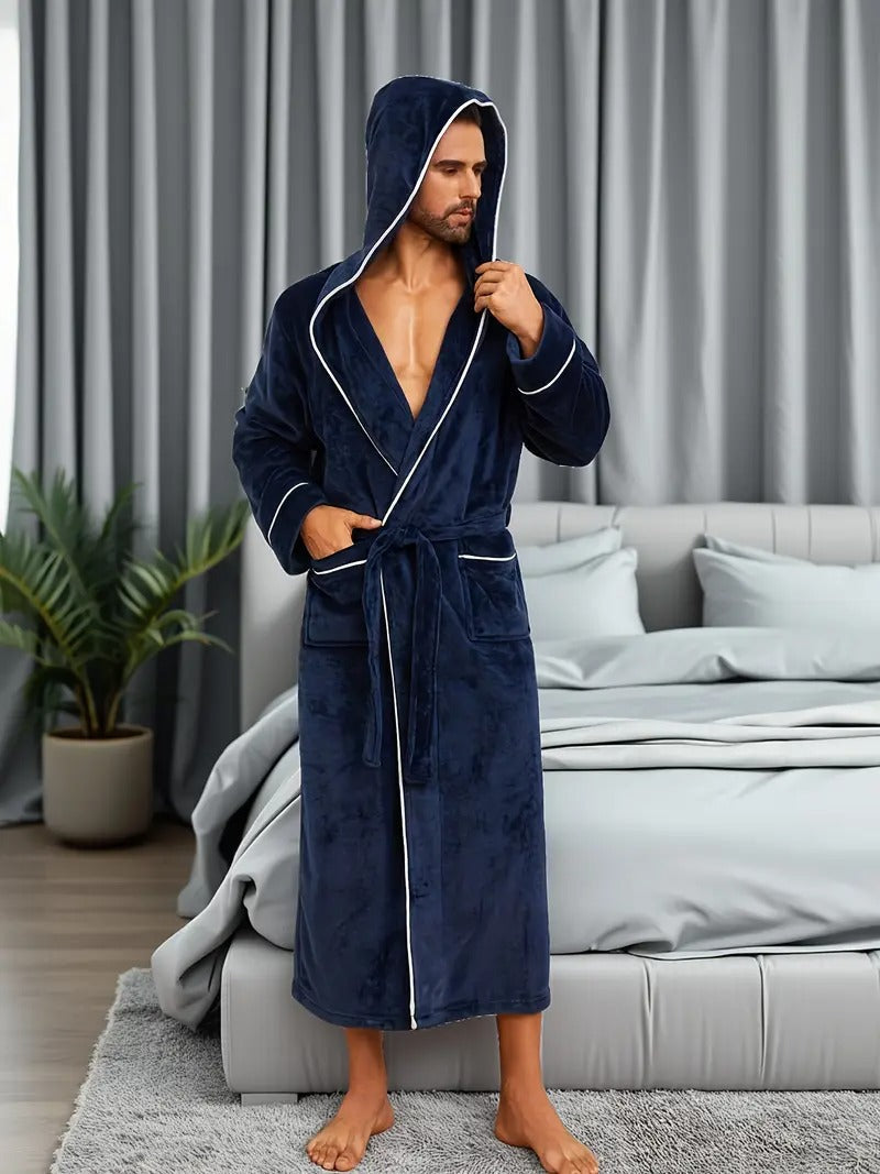 Jude | Men's Hooded Fleece Robe Black Long Bathrobe