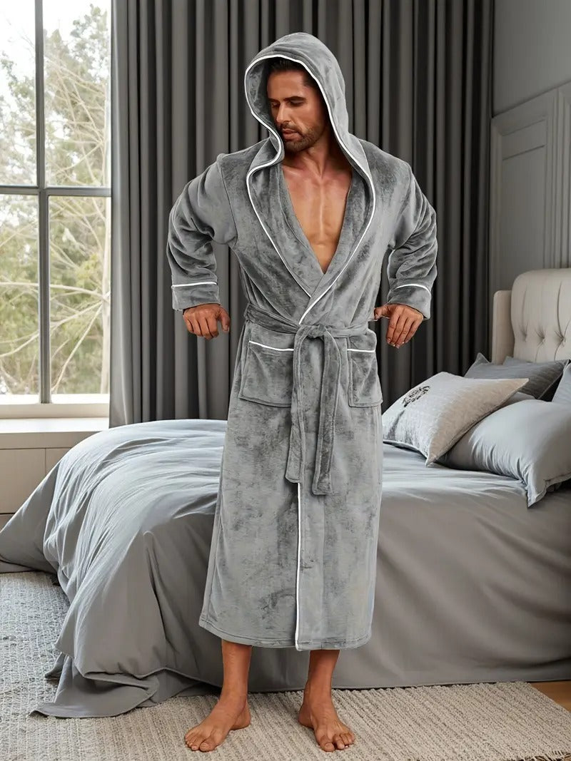 Jude | Men's Hooded Fleece Robe Black Long Bathrobe