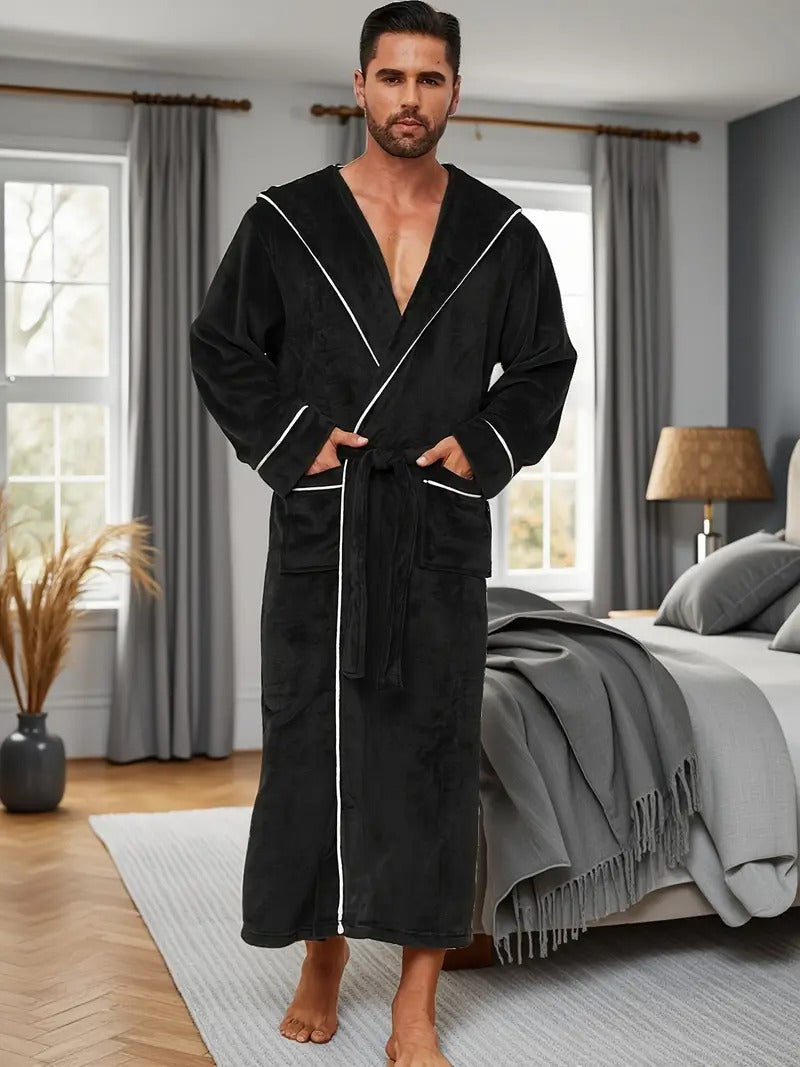 Jude | Men's Hooded Fleece Robe Black Long Bathrobe
