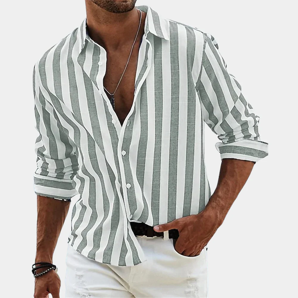 Beau | Men's Linen Striped Button Up Shirt Sage Green