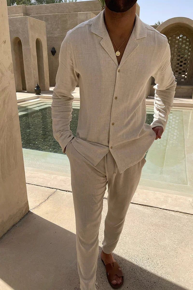 Bram | Men's Linen Lounge Set Cream Camp Collar Shirt Pants