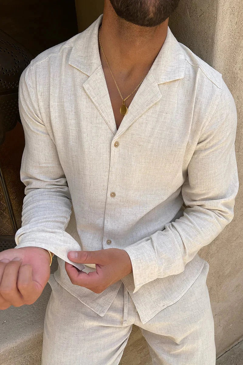 Freya | Men's Linen Pajama Set Cream Long Sleeve Button Up