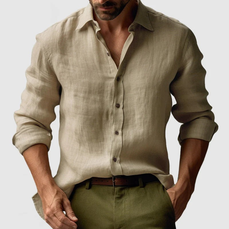 Ash | Men's Linen Button Up Shirt Cream Long Sleeve