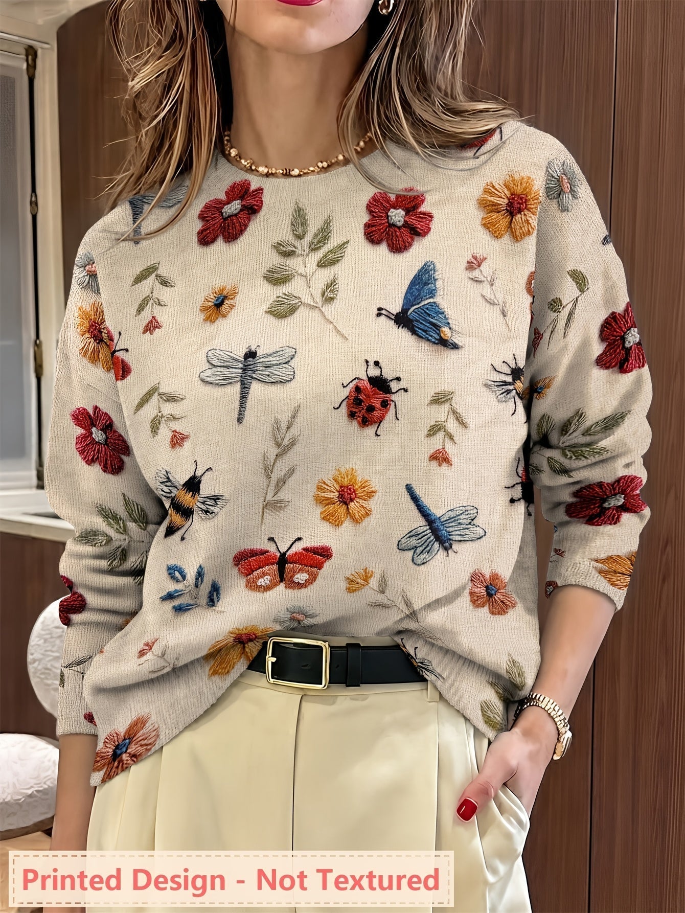 Lola | Women's Embroidered Floral Knit Sweater Cream Long Sleeve