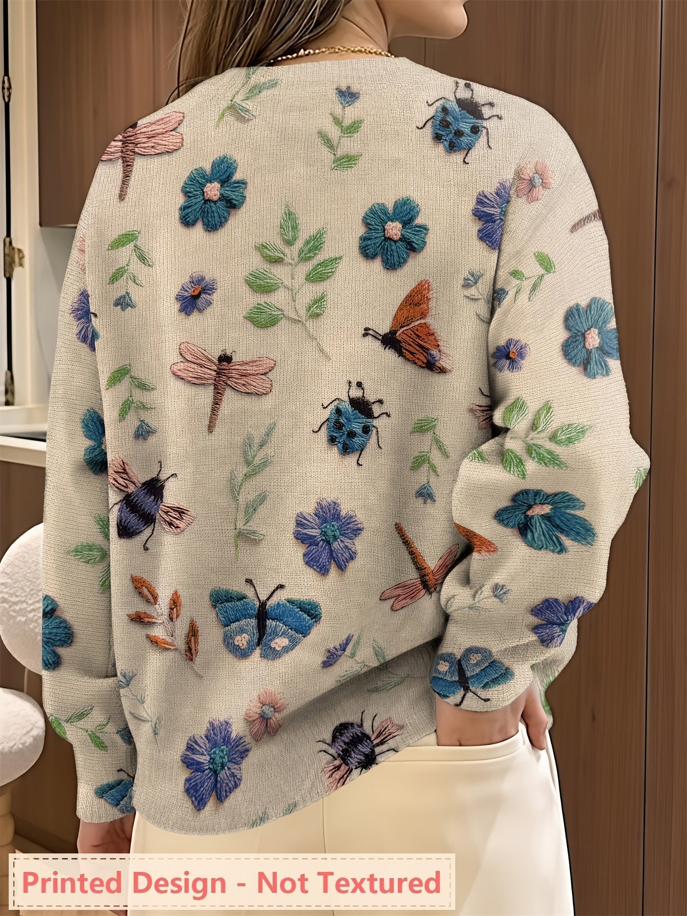 Lola | Women's Embroidered Floral Knit Sweater Cream Long Sleeve