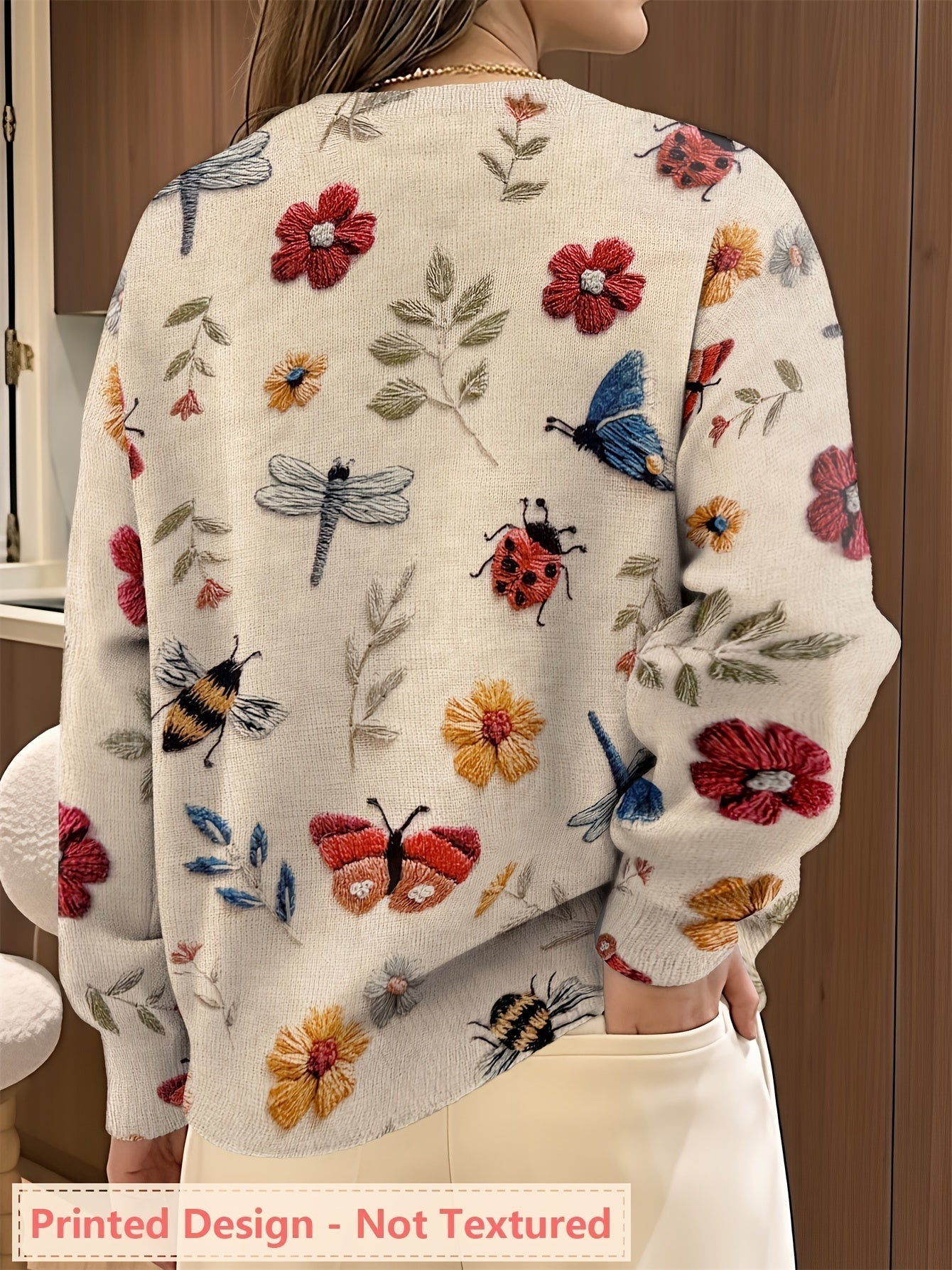 Lola | Women's Embroidered Floral Knit Sweater Cream Long Sleeve