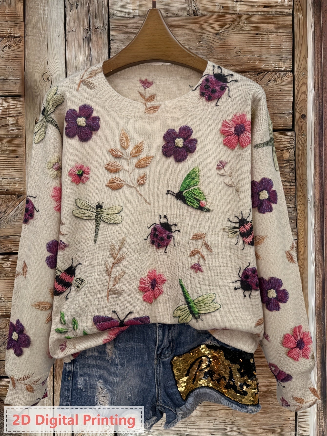 Lola | Women's Embroidered Floral Knit Sweater Cream Long Sleeve