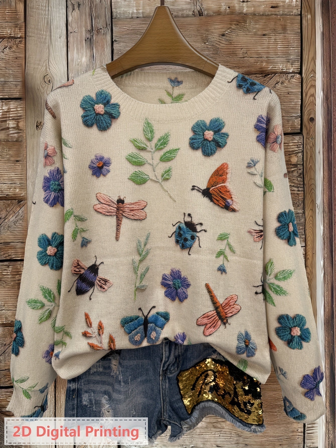 Lola | Women's Embroidered Floral Knit Sweater Cream Long Sleeve