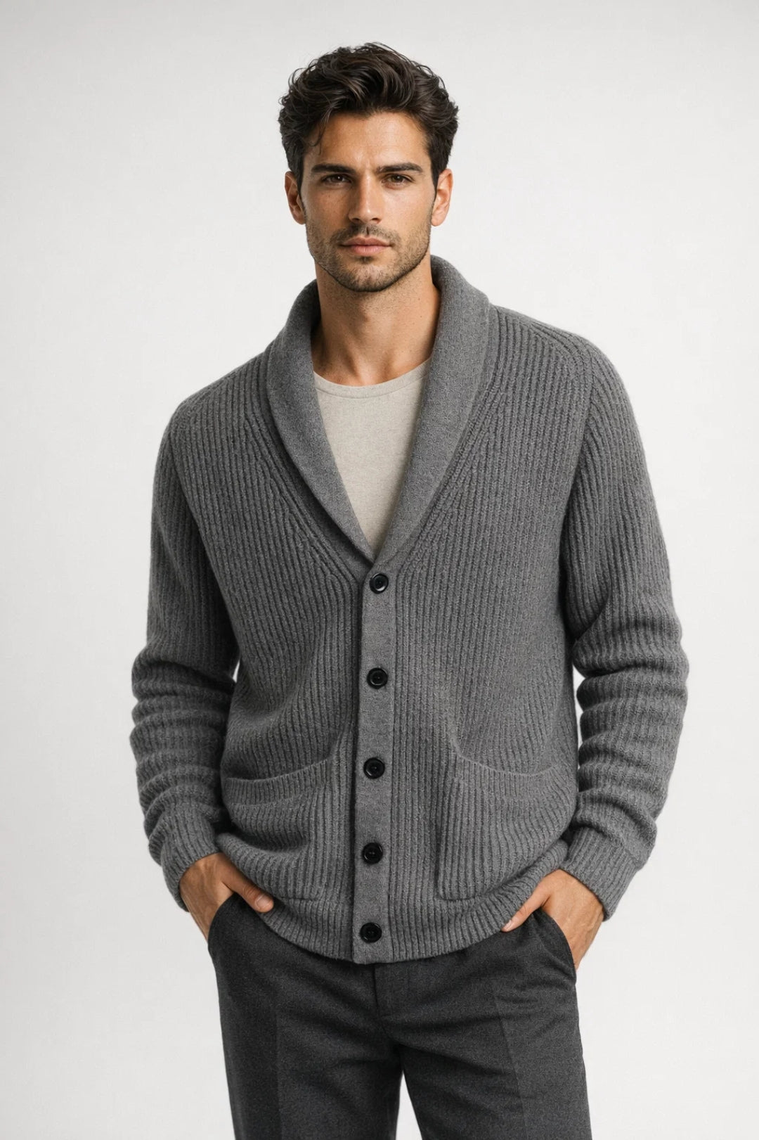 Axel | Men's Shawl Collar Cardigan Gray Ribbed Button Up
