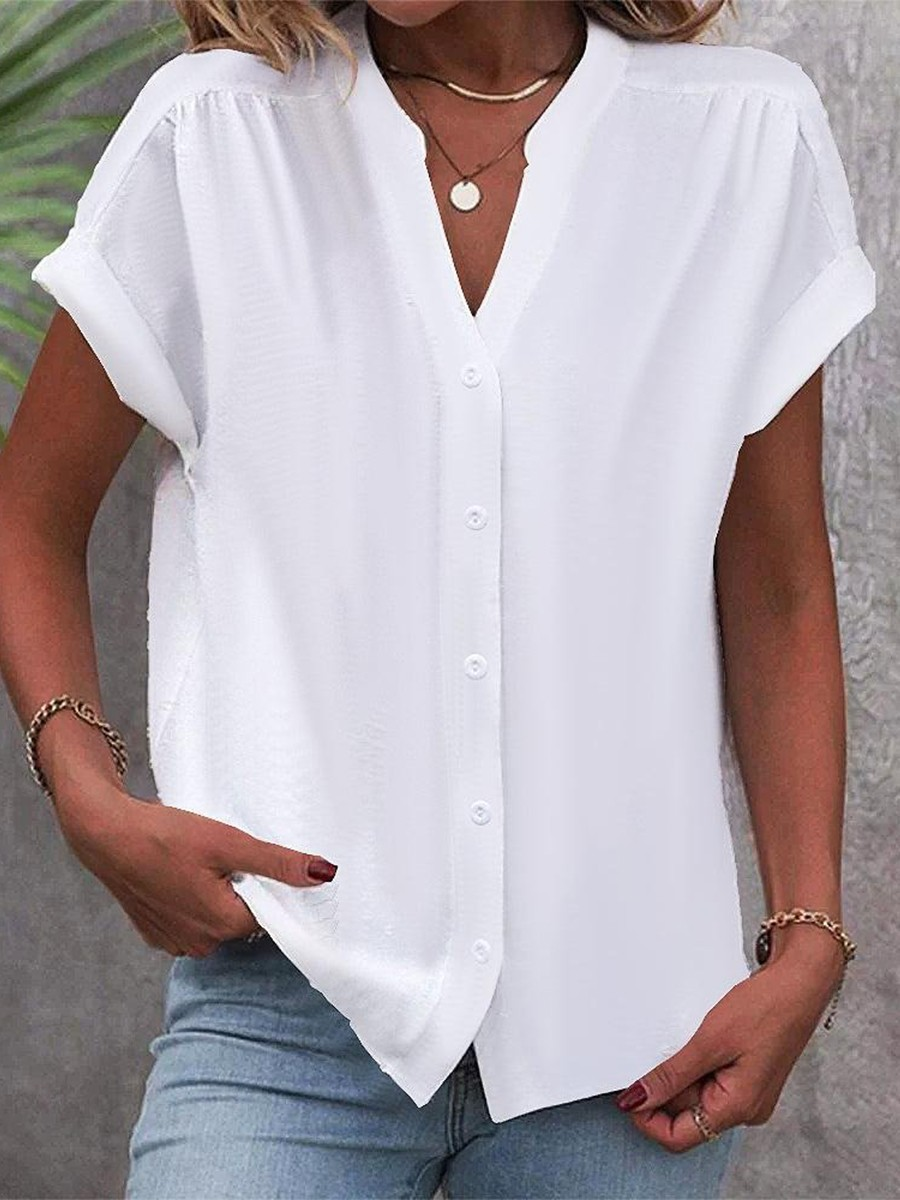 Maren | Women's Short Sleeve Button Down Blouse White V Neck