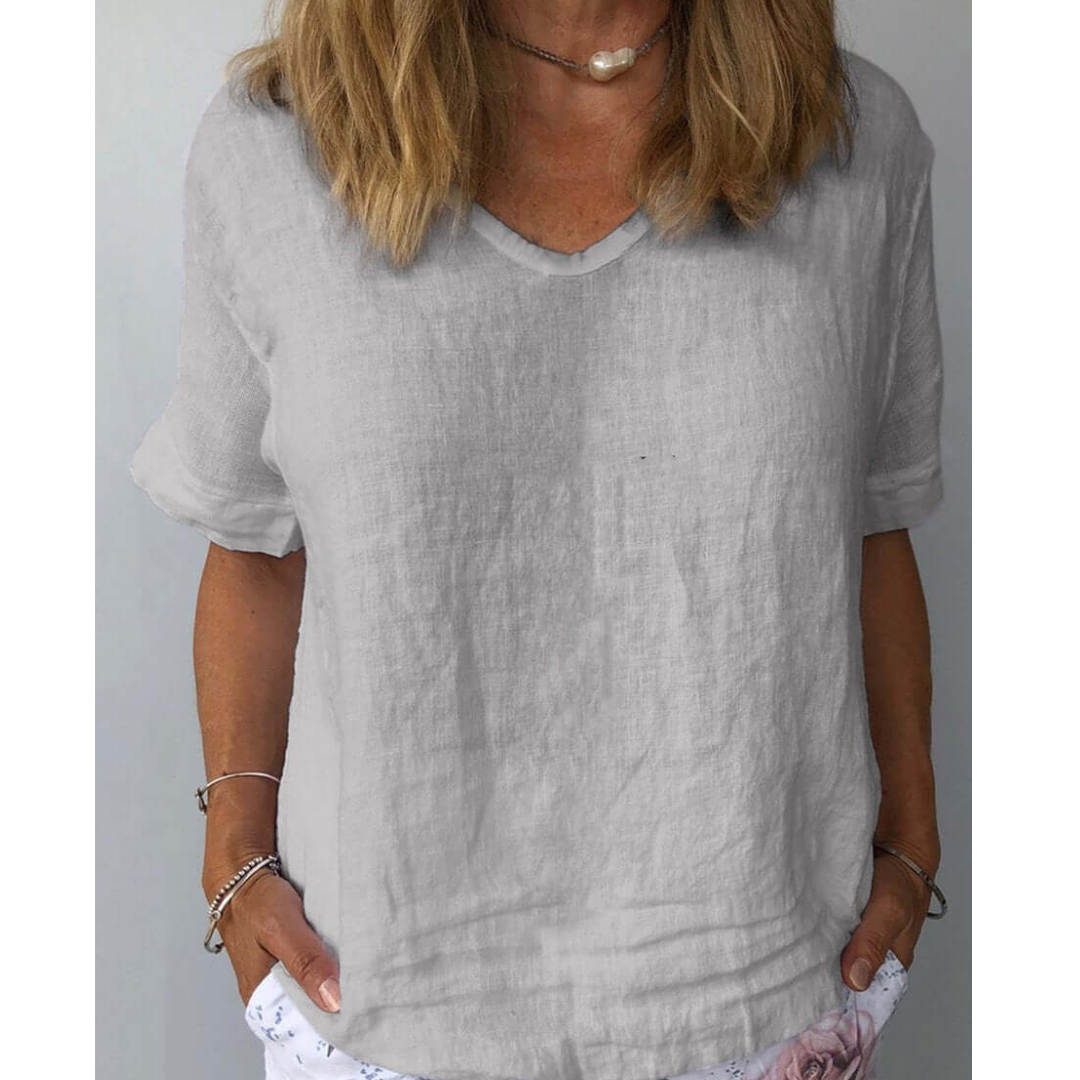 Cleo | Women's Linen Top Light Blue V Neck Short Sleeve