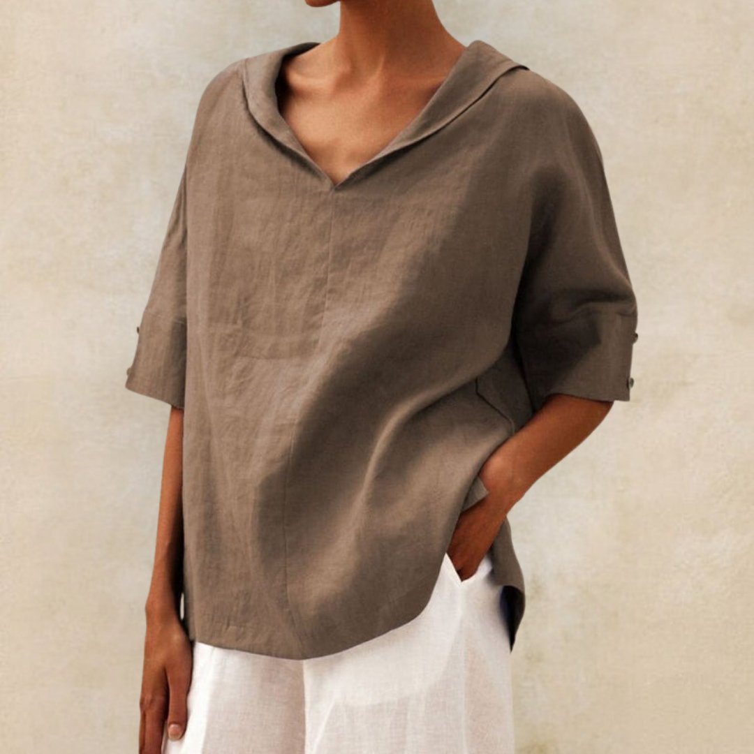 Wren | Women's Linen Shirt V Neck Cream Short Sleeve
