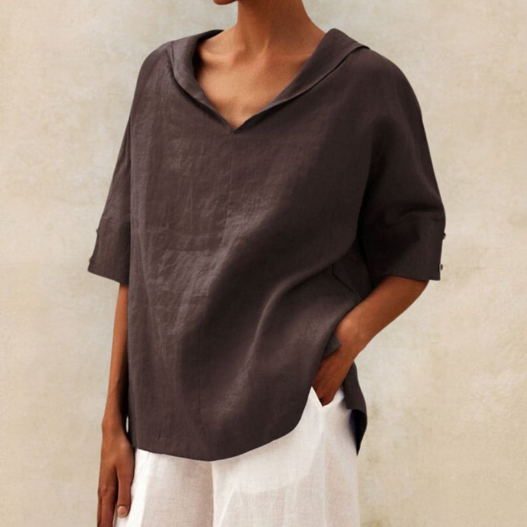 Wren | Women's Linen Shirt V Neck Cream Short Sleeve