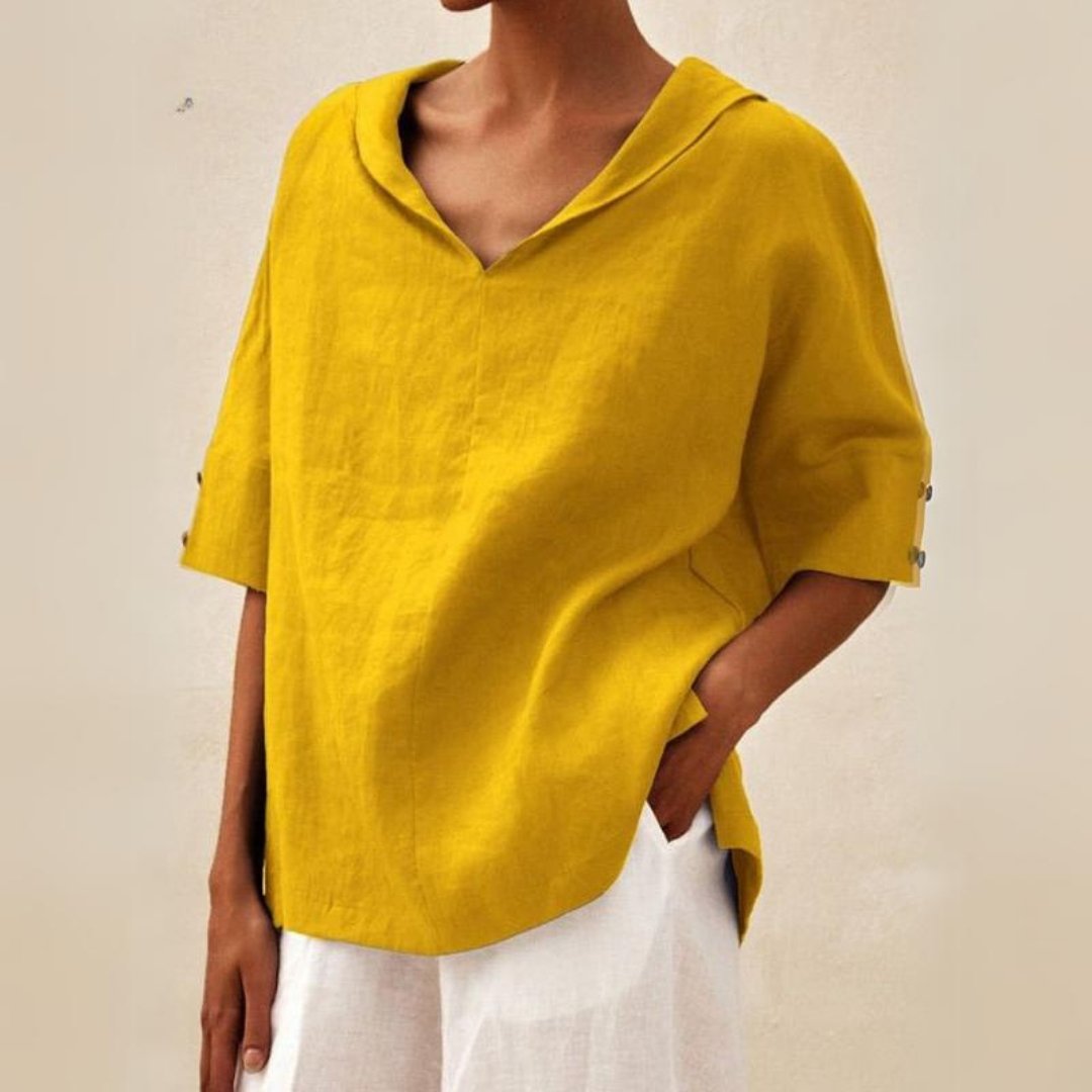 Wren | Women's Linen Shirt V Neck Cream Short Sleeve