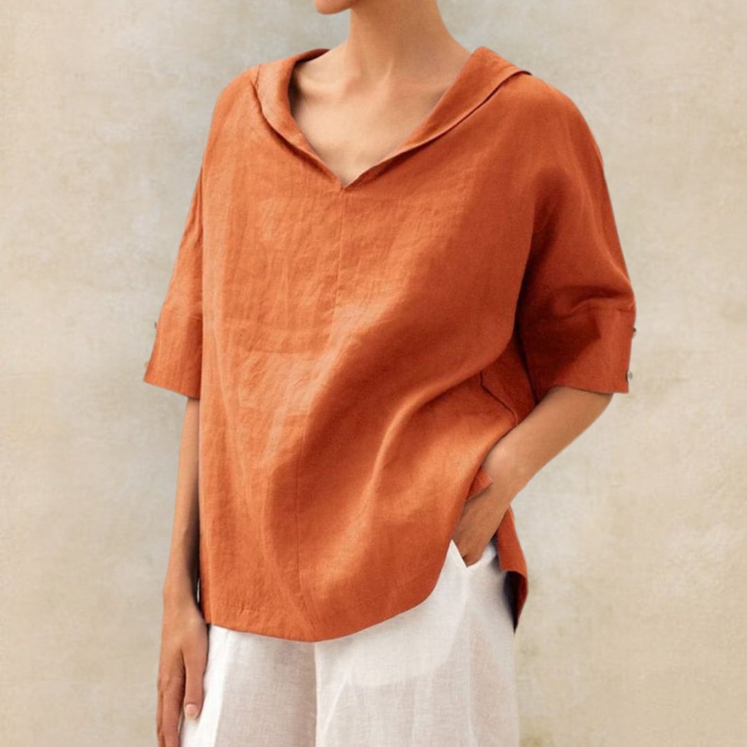 Wren | Women's Linen Shirt V Neck Cream Short Sleeve
