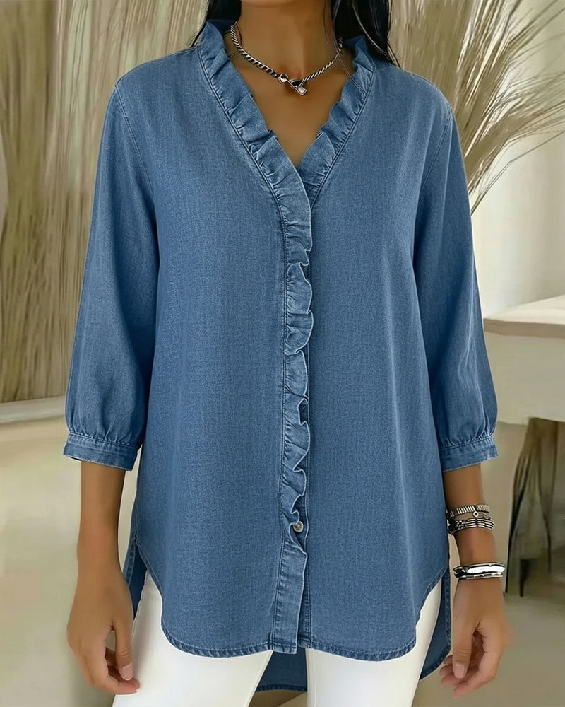 Isla | Women's Denim Shirt Light Blue Ruffle V Neck
