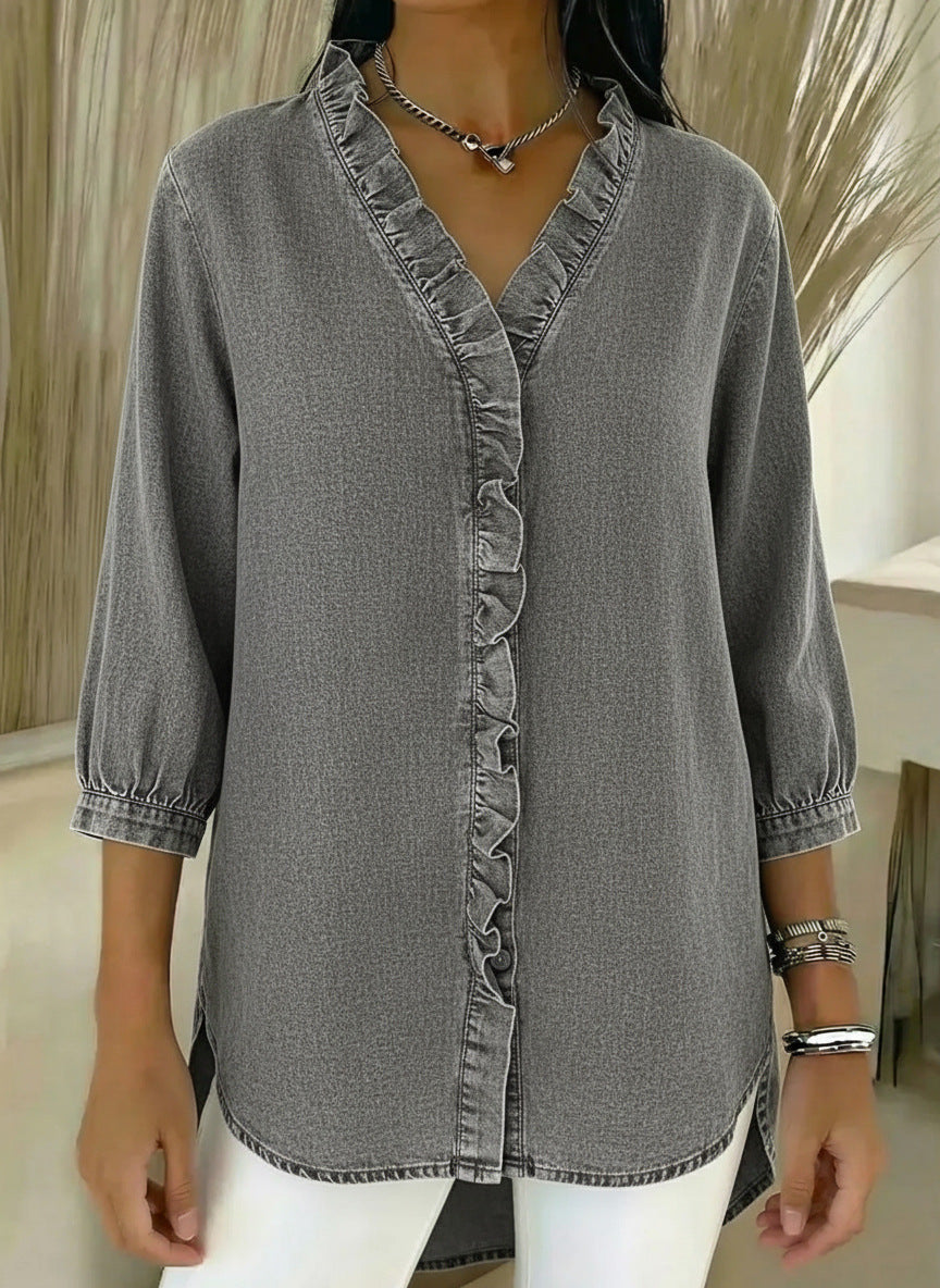 Isla | Women's Denim Shirt Light Blue Ruffle V Neck