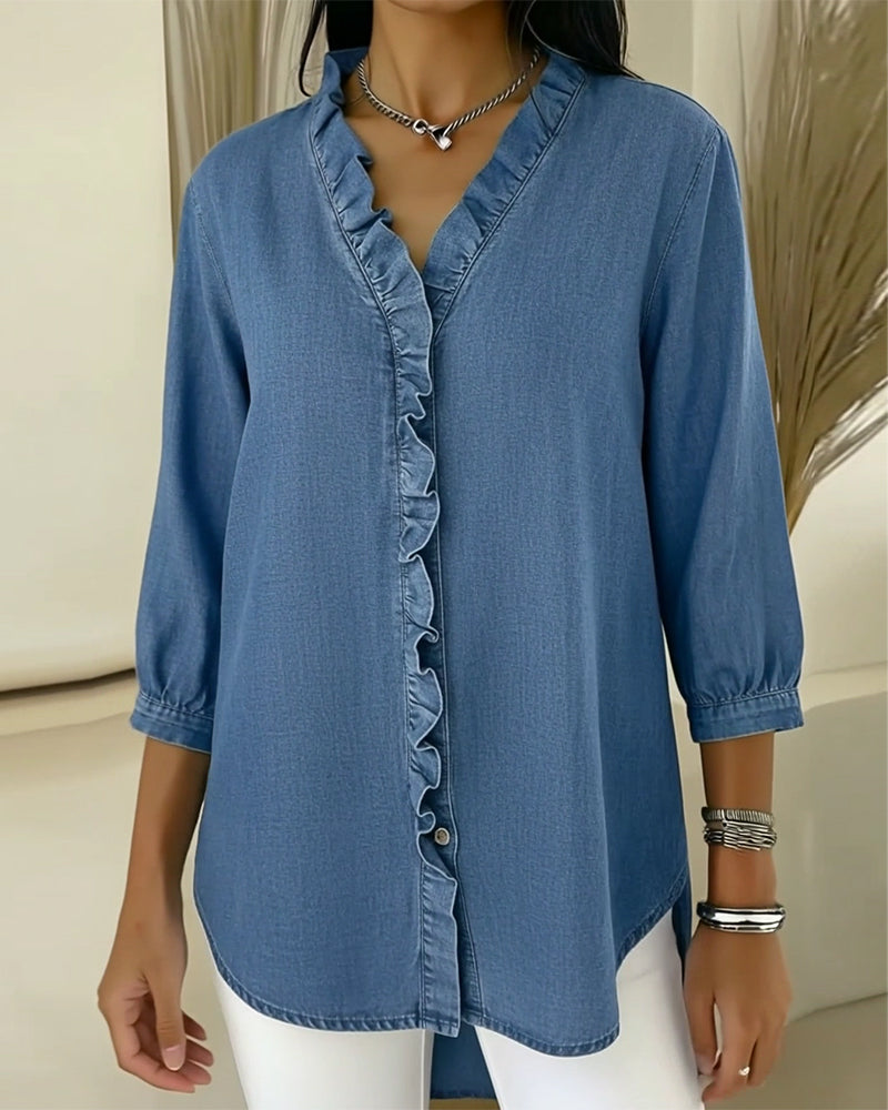 Isla | Women's Denim Shirt Light Blue Ruffle V Neck
