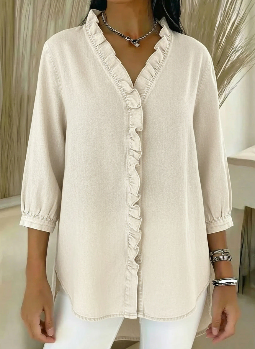 Isla | Women's Denim Shirt Light Blue Ruffle V Neck