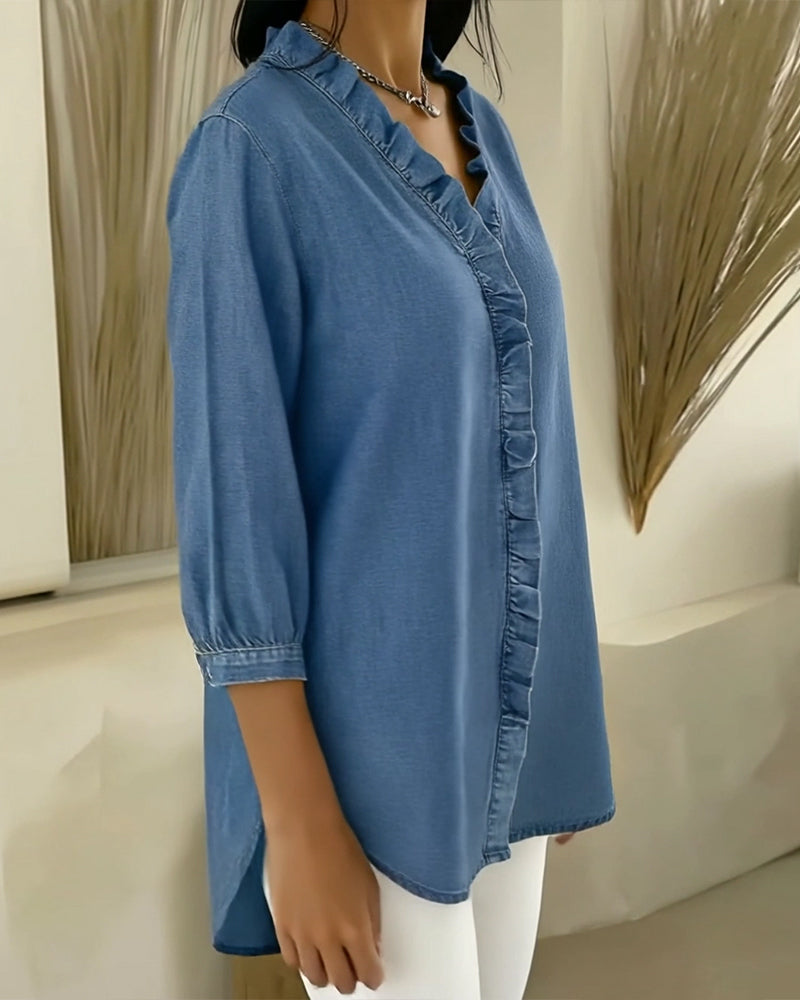 Isla | Women's Denim Shirt Light Blue Ruffle V Neck
