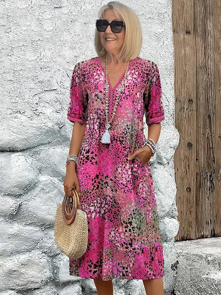 Stella | Women's Floral Midi Dress Red Three Quarter Sleeve