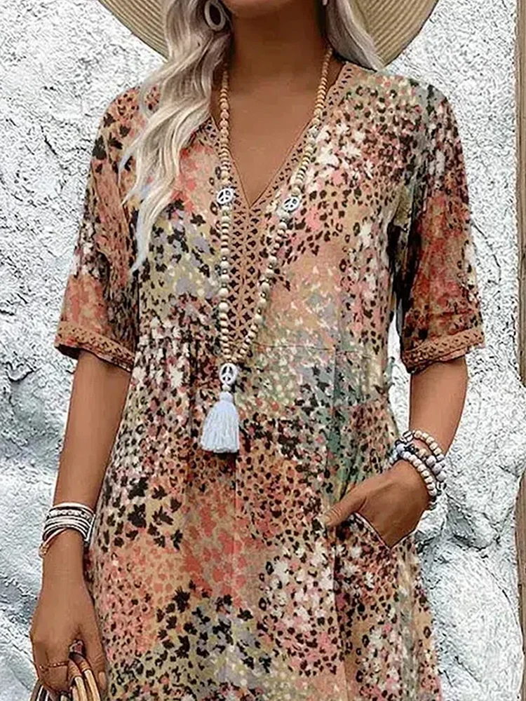 Stella | Women's Floral Midi Dress Red Three Quarter Sleeve