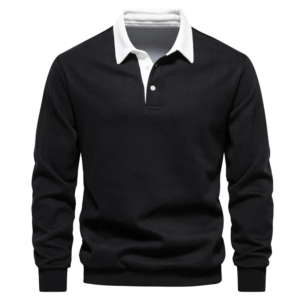 Voss | Men's Long Sleeve Rugby Polo Black White Collar