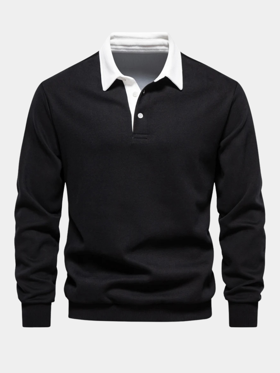 Voss | Men's Long Sleeve Rugby Polo Black White Collar