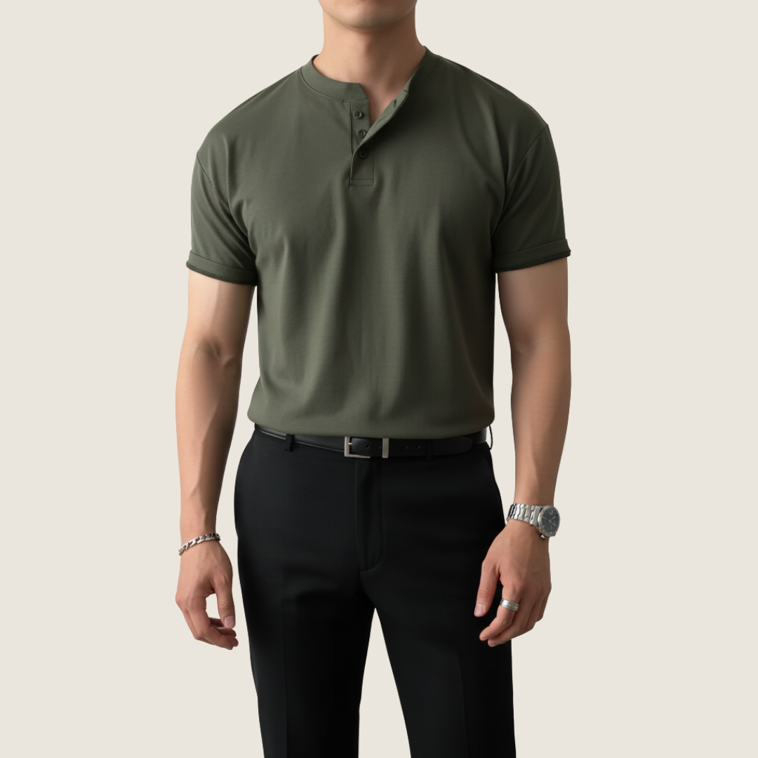 Orion | Men's Henley Shirt Olive Green Short Sleeve