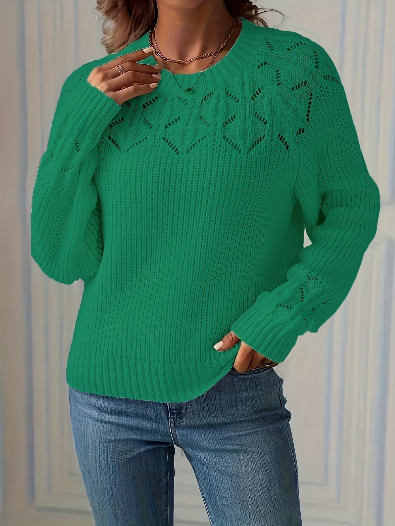 Ada | Women's Crochet Knit Sweater Green Long Sleeve