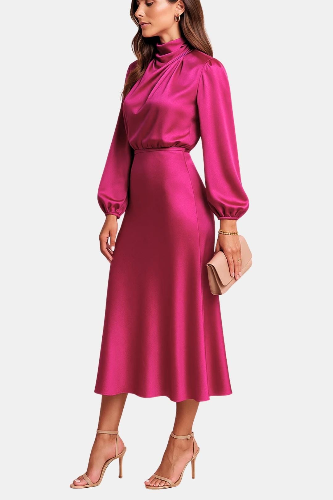 Demi | Women's Satin Maxi Dress Long Sleeve Turtleneck Pink