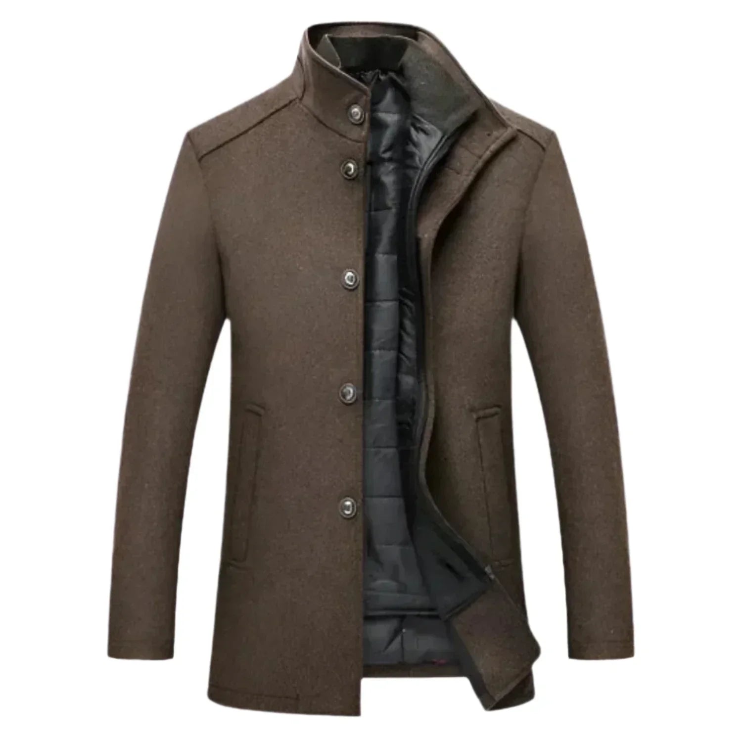 Dama Washington Thaddeus men's mid-length stand collar overcoat - front view
