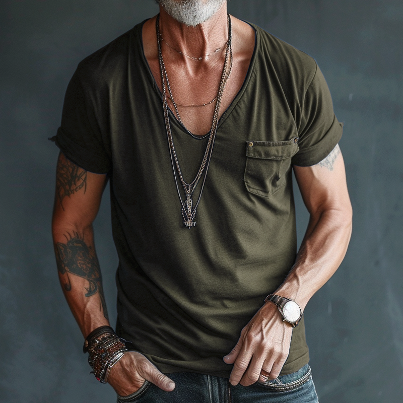 Axel | Men's V Neck T Shirt Black Chest Pocket
