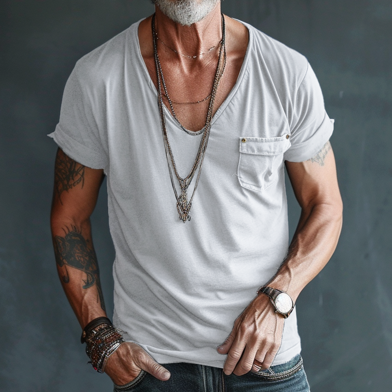 Axel | Men's V Neck T Shirt Black Chest Pocket