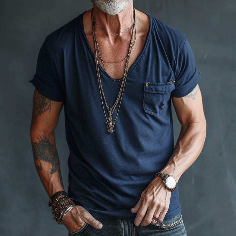 Axel | Men's V Neck T Shirt Black Chest Pocket