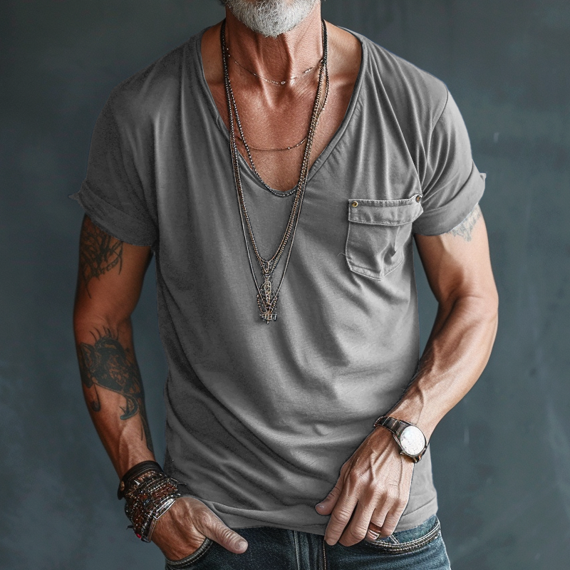 Axel | Men's V Neck T Shirt Black Chest Pocket