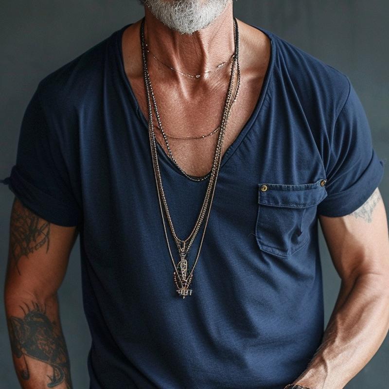 Axel | Men's V Neck T Shirt Black Chest Pocket