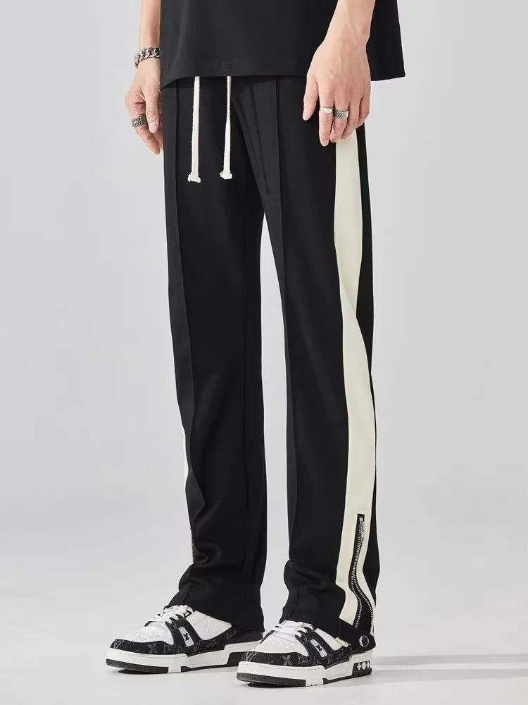 Orrin | Men's Streetwear Wide Leg Pants Black Cream Side Stripe