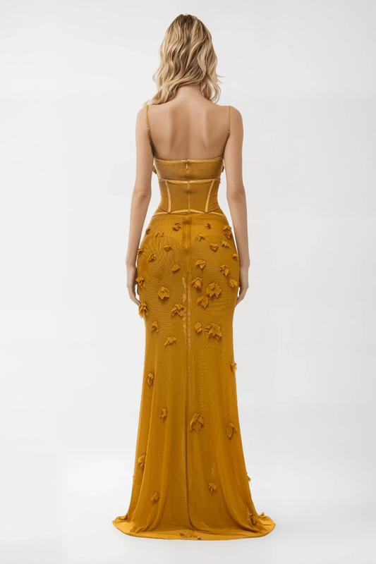 Luisa | Women's Corset Maxi Dress Gold Textured Puff Detail