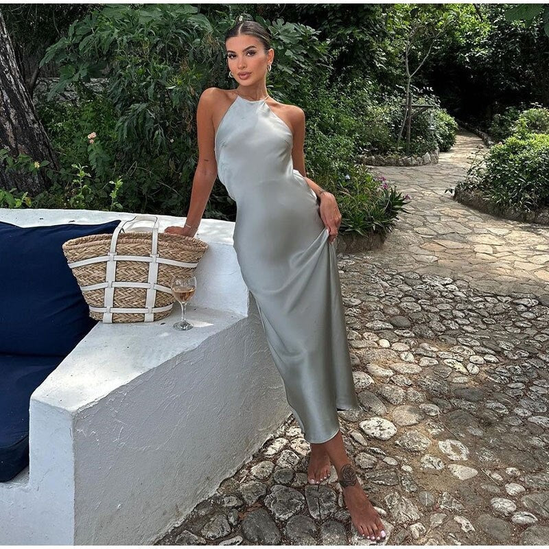 Isla | Women's Satin Slip Dress Cream Backless Maxi