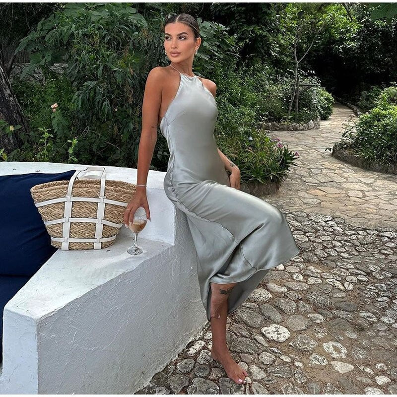 Isla | Women's Satin Slip Dress Cream Backless Maxi