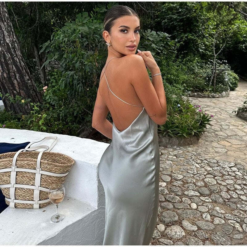 Isla | Women's Satin Slip Dress Cream Backless Maxi