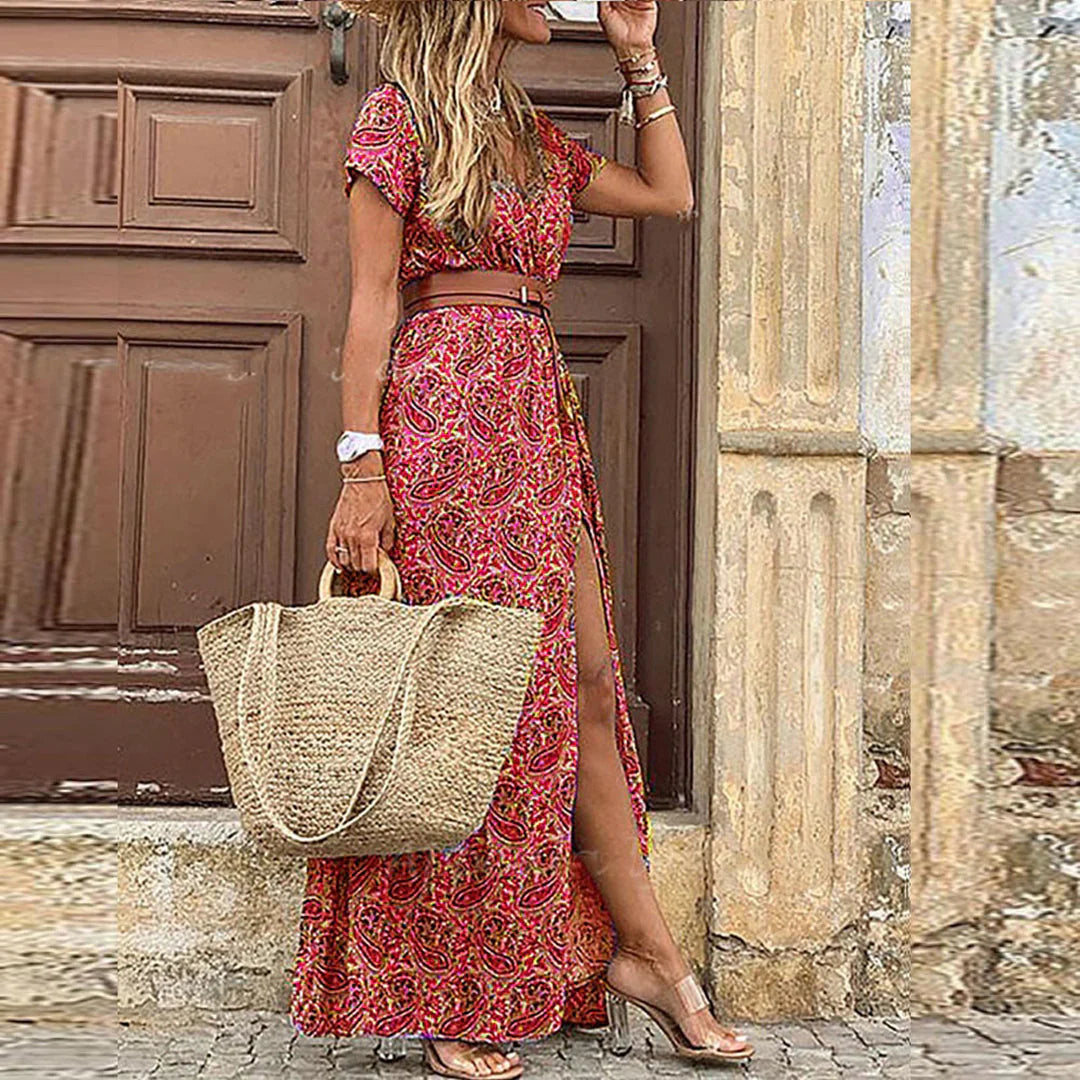 Elise | Women's Floral Maxi Dress Cream Red Short Sleeve