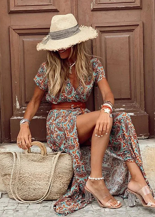 Elise | Women's Floral Maxi Dress Cream Red Short Sleeve