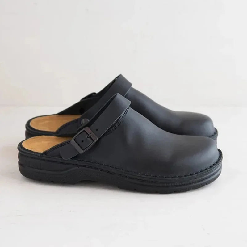 Voss | Men's Leather Clogs Brown Buckle Slip On