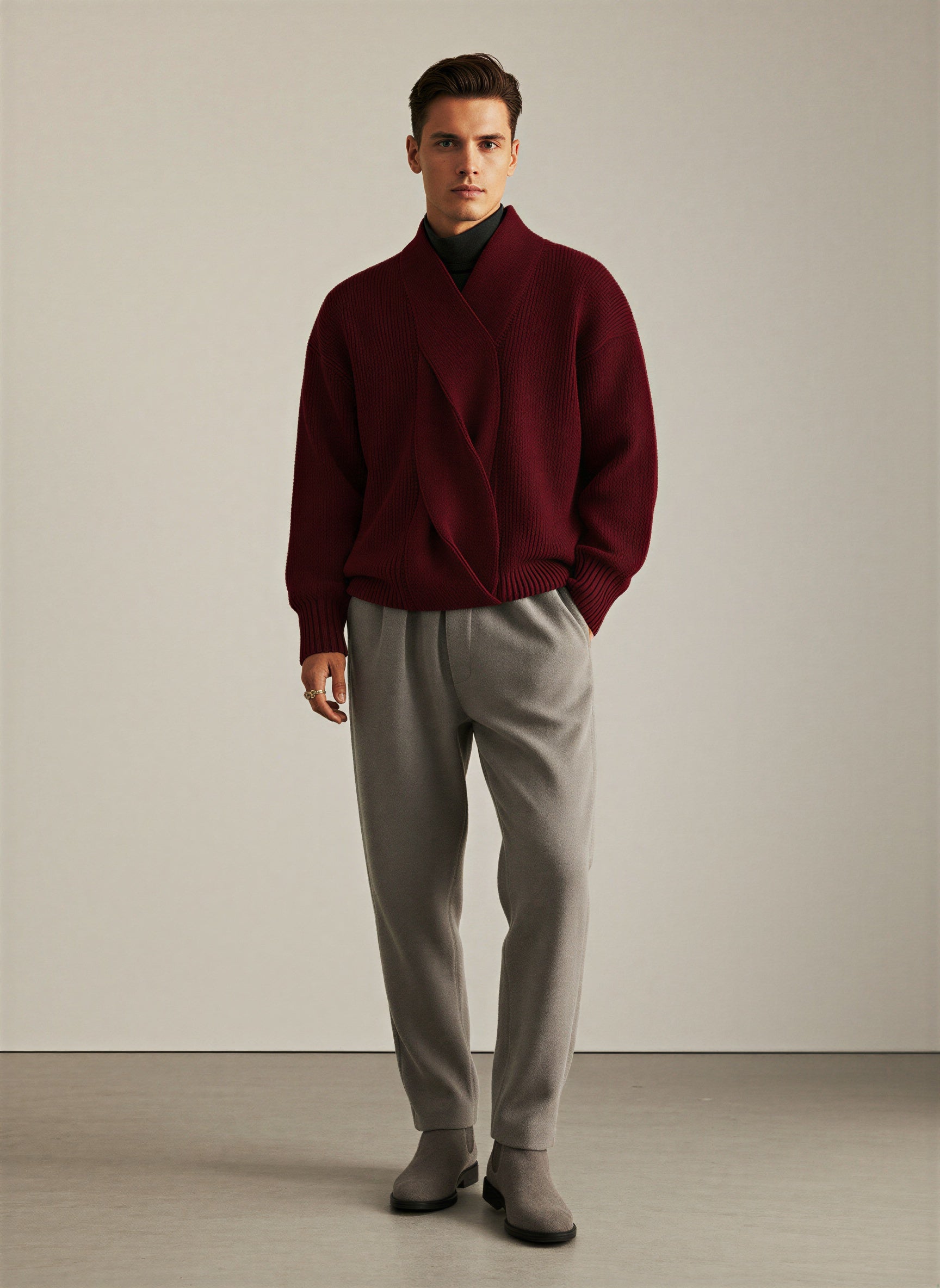 Voss | Men's Shawl Collar Sweater Gray Ribbed Knit
